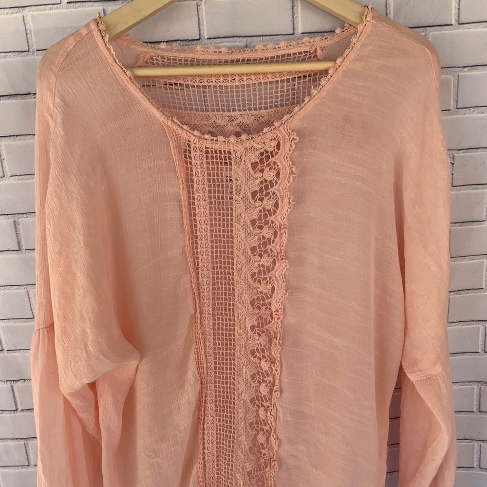 Wrangler Peach‎ Sheer Peasant Top Lace Inlays Sz L